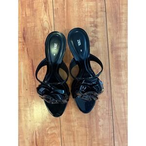 ZARA Black Patent Flower Heeled Mule Sandals Women's EU 38 US 7.5